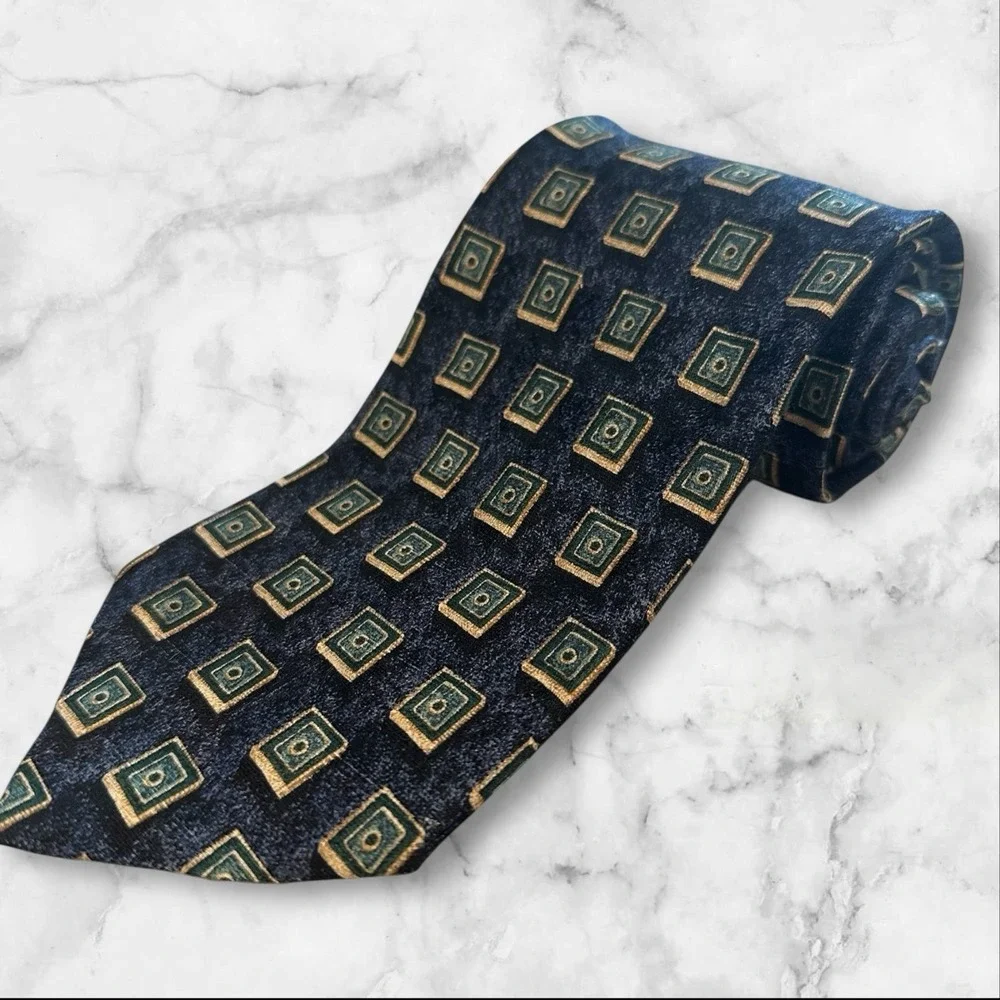 ERMENEGILDO ZEGNA Silk Tie Blue‎ Geometric Squares Pattern Vintage VTG